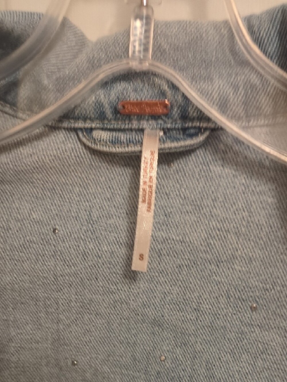 Free People Light Blue Pearl-Embellished Distressed Denim Jacket - Picture 2 of 3